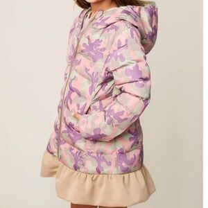 HAYDEN Girls Camo coat with bottom ruffles. Beige, pink, and purple. 13/14. NWOT